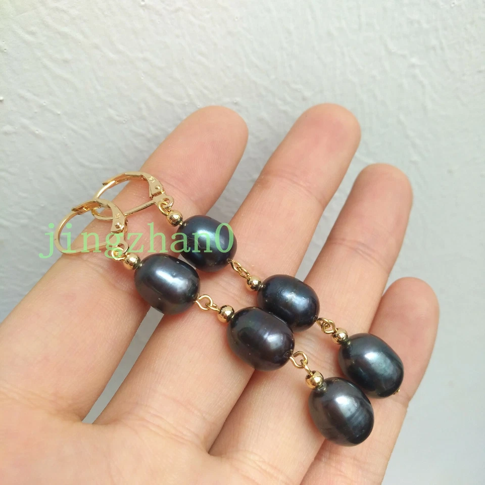 Encantadores Pendientes Largos Populares 8X10mm Mar del Sur Perla Negra Oro 14k Gancho P Foto 2 de 4