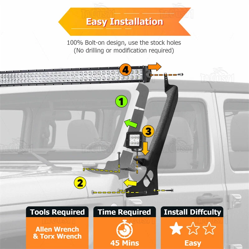Combo de barra de luz de 50" + 3" con montaje en parabrisas, cable para Jeep Wrangler JL 2018-2024 Foto 3 de 4
