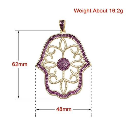 GORGEOUS 14K Gold Finish Pavé Ruby Zircon & Clear CZ Hamsa Hand Charm Pendant 3” - Picture 5 of 7