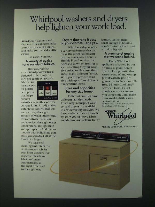 1986 Whirlpool Washer and Dryer Ad - Lighten Your Work Load