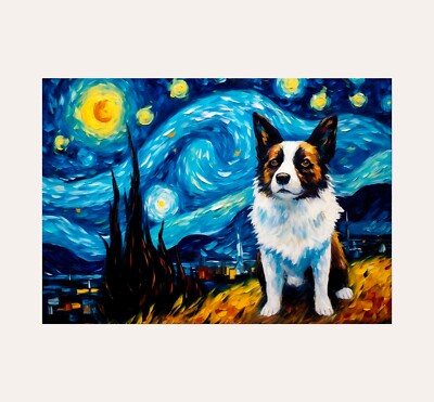 Cardigan Welsh Corgi Dog in Starry Night Poster Print A3 Size