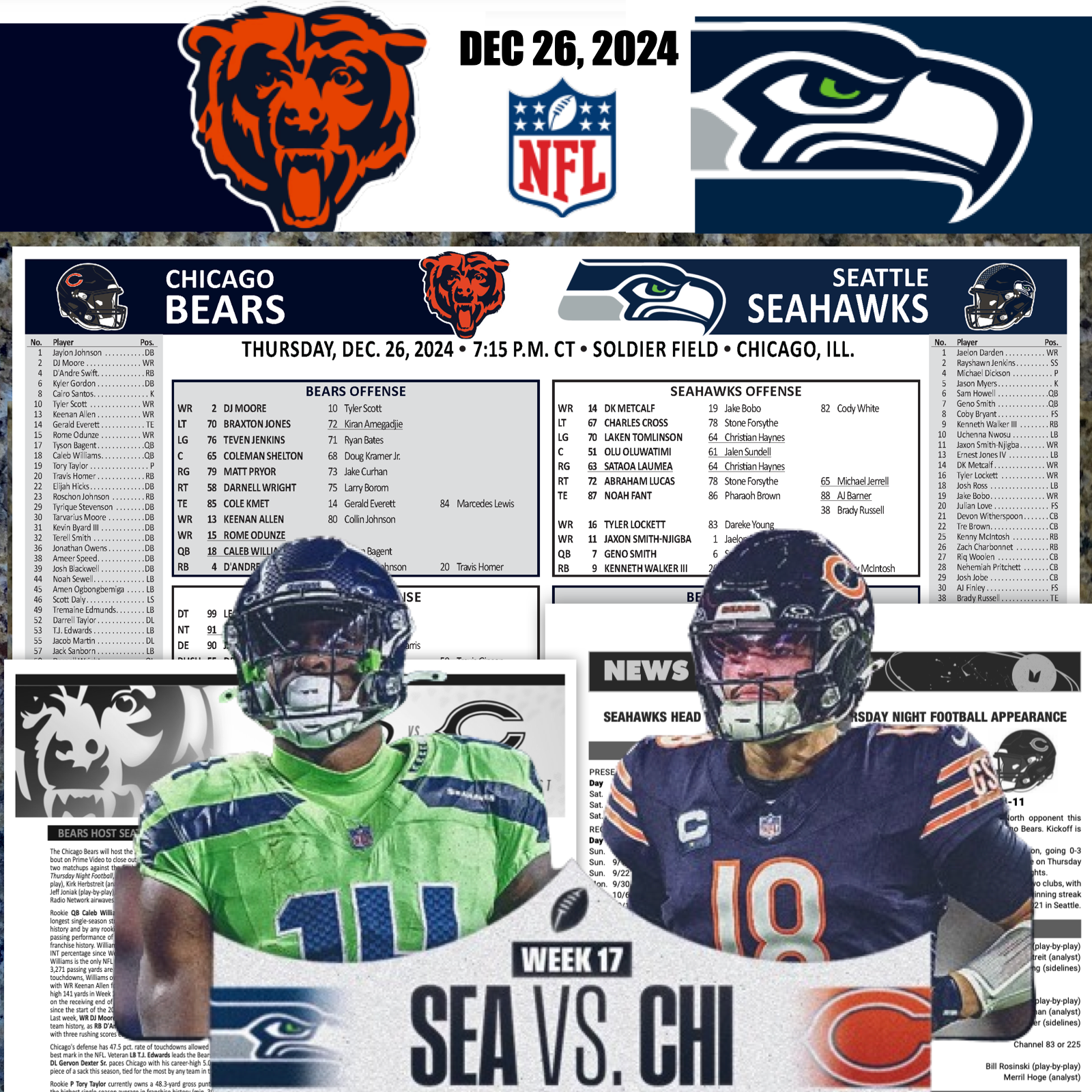2024 Bears vs Seahawks Flipcard & Program Notes NFL Football - DEC 26 - Week 17