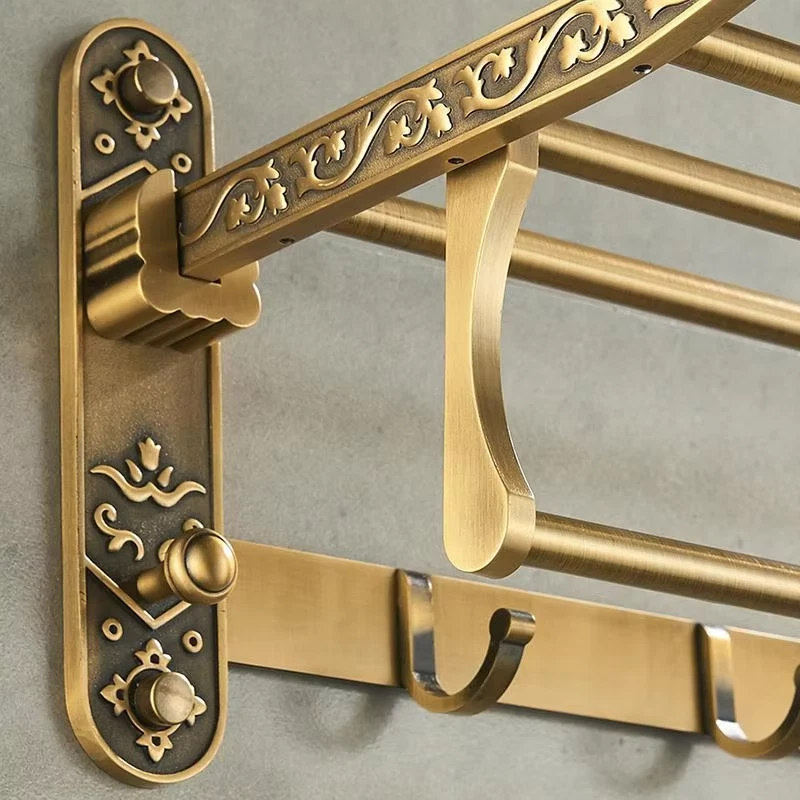 Vintage Brass Towel Rack with Shelf & Hooks - Foldable Design - Image 3 of 4
