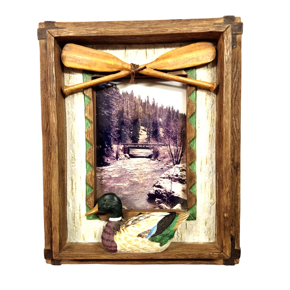 Russ Hunt Lodge Faux Wooden Frame with Duck and Oars 4x5.5 Photo Picture Frame - Image 2 of 4