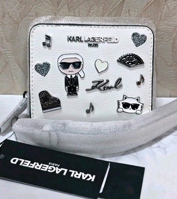 KARL LAGERFELD Jacqueline Winter White Womens Sm Zip Wristlet Wallet w/ Pins NWT