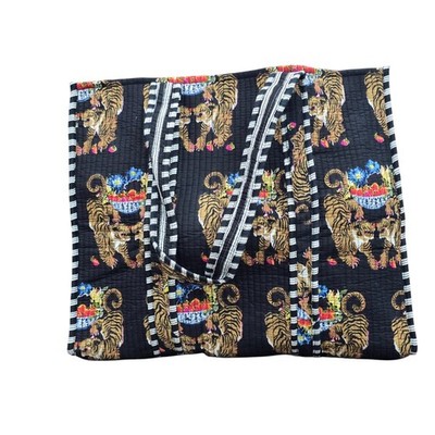 Premium 100% Cotton Black Tiger Themed Quilted Shoulder Tote Bag - Open Closure