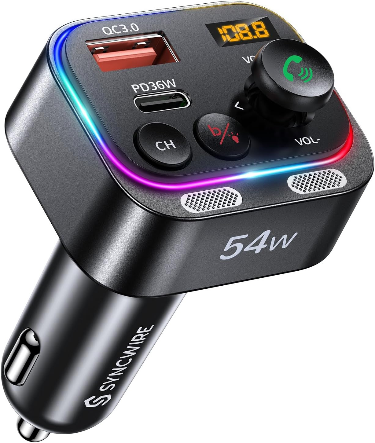 Bluetooth 5.4 FM Transmitter Car Charger 54W PD&QC 3.0 USB Type-C Charger Adapte