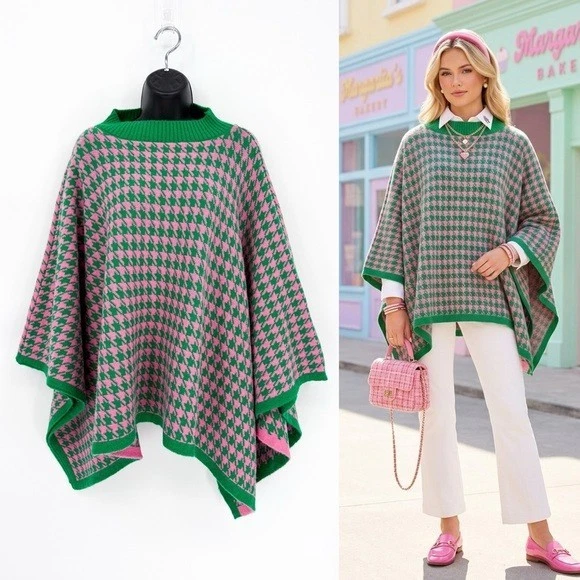 NWT Boutique One Size Houndstooth Knit Mock Neck Poncho Cape Pink Green
Opens in a new window or tab