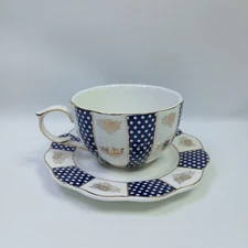 Grace's Teaware Blue & White With Gold Gilt Trim Tea Cup & Saucer Set EUC!!