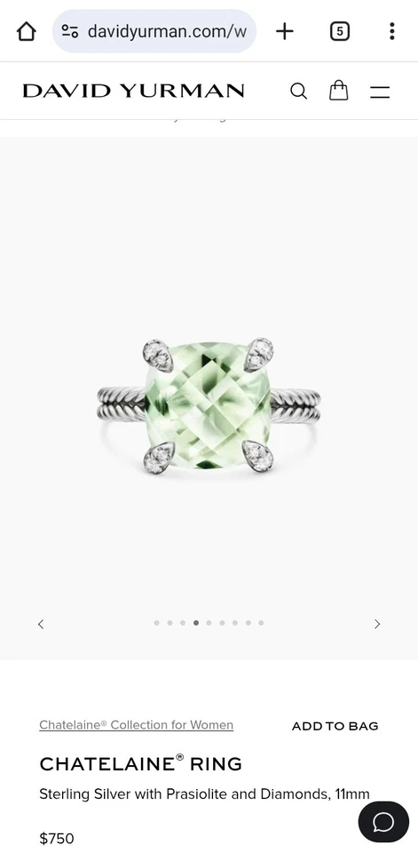 Anillo David Yurman Chatelaine Talla 6 Verde Prasiolita Plata de Ley 11 Mm Foto 3 de 4