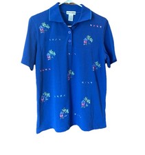 Alfred Dunner Blue Polo Golf Shirt Knit Embroidered Palm Tree Beach Resort Sz S