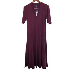 Chaps Dress Size Medium Maroon Short Sleeve Midi Knit Ribbed Y2K A-line Midi