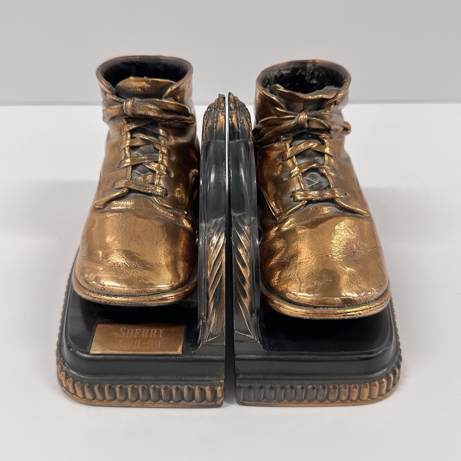 Vintage Bronzed Baby Shoe Bookends | Sherry 1939 Plaque Personalized Keepsake