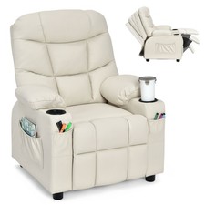 Costway Kids Youth Recliner Chair PU Leather w/Cup Holders  Side Pockets Beige