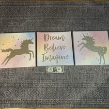 Glitter Unicorn Girls Room Wall Art Decor Printed Canvas 3pc 12x12  