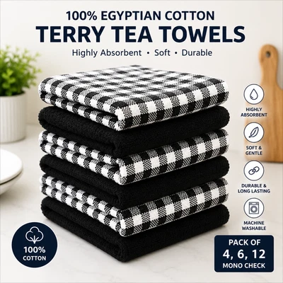 PACK OF 12 TERRY TEA TOWELS 100% EGYPTIAN COTTON KITCHEN DISH CLEANING CLOTH - Image 1 of 4