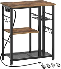 Movable Bakers Rack, Microwave Stand with Charging Station, Kitchen Storage 