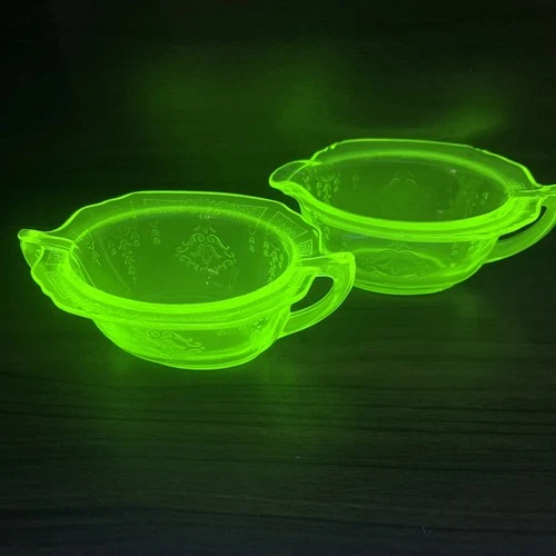 Anchor Hocking Princess Oval Creamer & Sugar 5" Uranium Green Depression Era