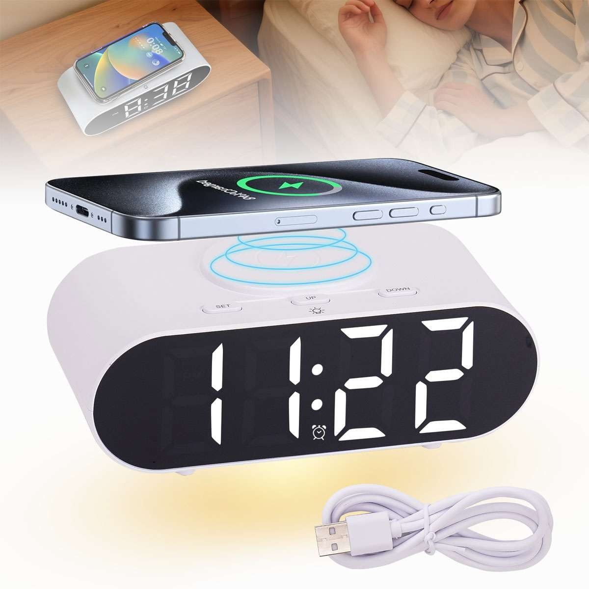 Smart Digital LED Desk Alarm Clock Fast Wireless Phone Charger with Night Light