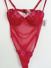 Fredricks of Hollywood Bodysuit Teddy Womens Medium Red Sheer Floral NWT