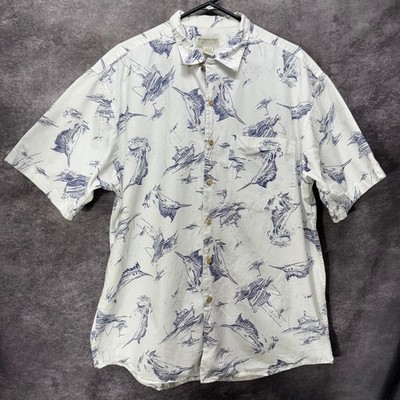 VTG 80s Banana Republic Marlin Fishing Boat Nautical Shirt Mens L White Blue