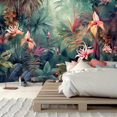 Tropical Flower Plant Tapestry Wall Hanging, Palm Tree Leaves Rainforest Jungle