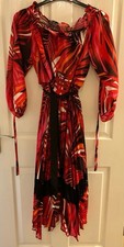 NWT Julian Macdonald UK16 Red Multi Colour Long Sleeve Lined Pleated Maxi Dress