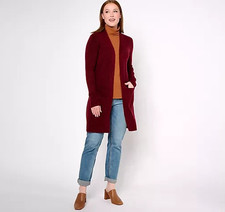 NEW DENIM CO OPEN FRONT LONG CARDIGAN SWEATER WITH POCKETS WINE MEDIUM M