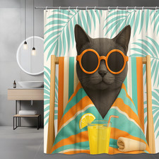 Cute Cat Shower Curtain with Tropical Vibes and Colorful Design