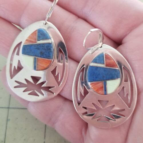 Vtg Signed THOMAS Navajo Zuni Mosaic Stone Inlay Sterling Cut Out Drop Earrings - 第 1/15 張圖片