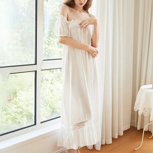 Camisón de mujer princesa manga corta cuello cuadrado algodón suave vestido largo para dormir - Imagen 4 de 34