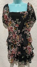 Mi AmiShort Sleeve Black Floral Women's Mini Tiered Ruffle Boho Dress Size Med