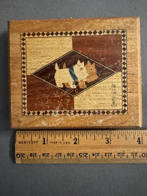 ASIAN SCOTTIE SCOTTY DOG INLAY ONE DRAWER PUZZLE BOX VINTAGE