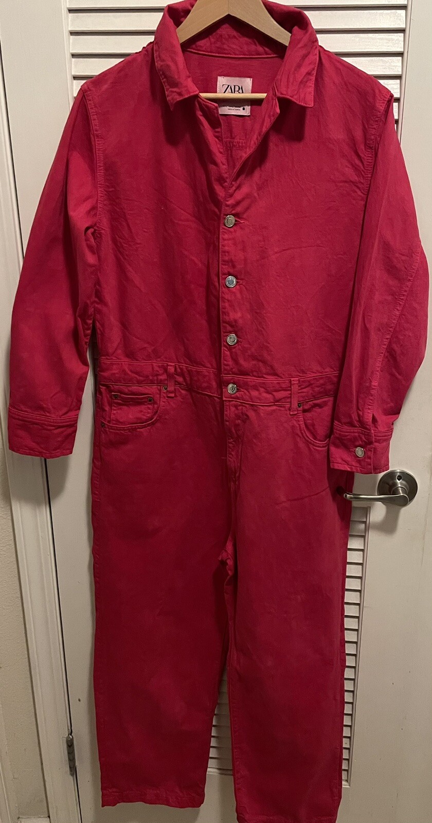 Zara Women’s Denim Jumpsuit Hot Pink Buttons Zipper S… Gem