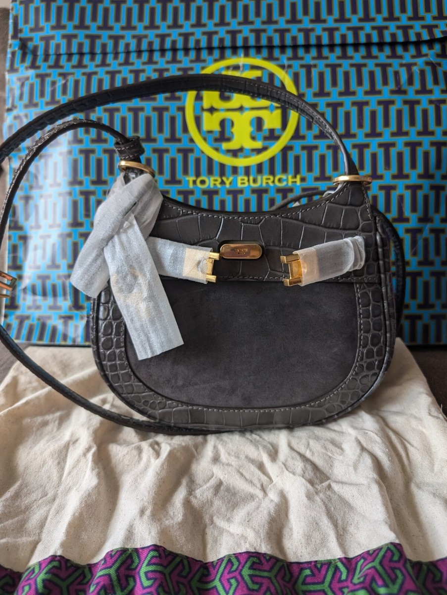 NWT Tory Burch Lee Radziwill Croco Embossed Leather Suede Saddle