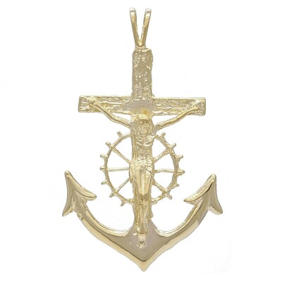 10k Yellow Gold Jesus Crucifix Wheel Mariners Anchor Cross Pendant 