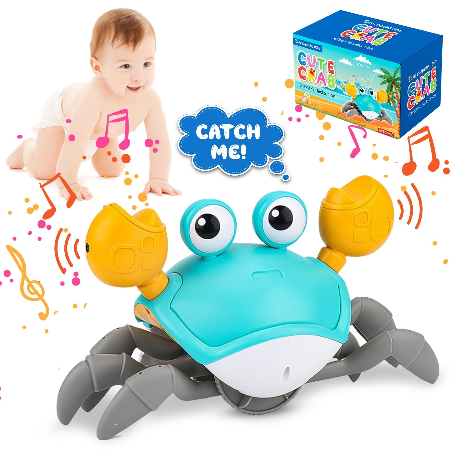 Crabe qui marche pour amuser bébé pendant le jeu sur le ventre tapis