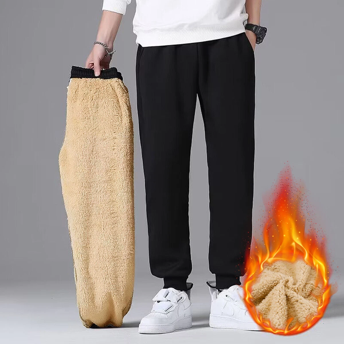 Mens Winter Sherpa Fleece Lined Sweatpants, Stretchy Thick Cashmere Jogger  Pants