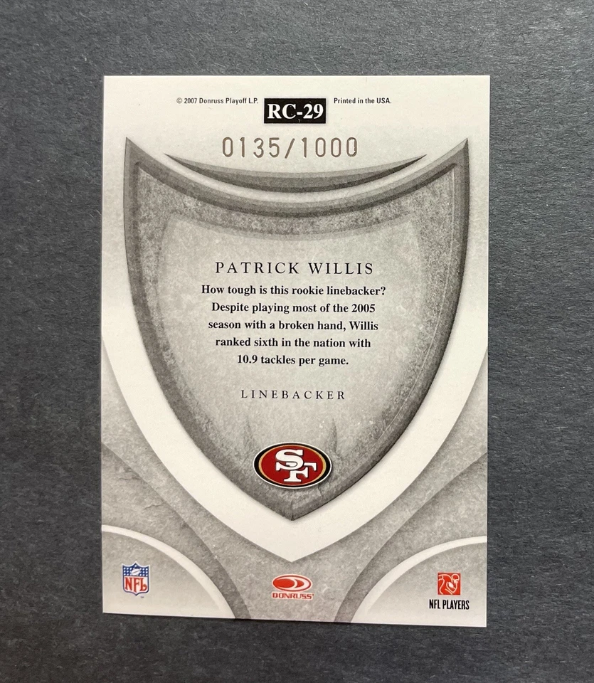 2007 Leaf Rookies & Stars Crusade Red /1000 Patrick Willis #RC-29 Rookie RC - Image 2 of 2