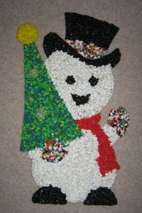 Vintage Melted Plastic Popcorn Christmas Tree Snowman Decoration