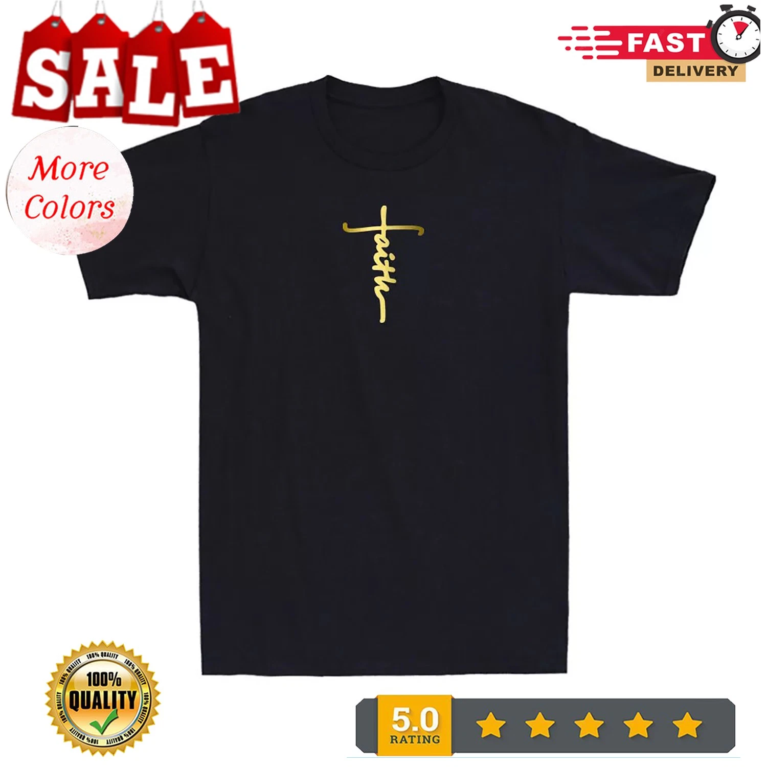 2025 Faith Cross Christian Golden Print Men's T-Shirt Religious Tee