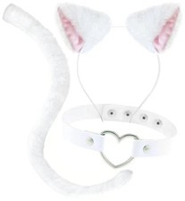 Cat Ears and Tail Costume Accessories, Anime Faux Fur Cat Ear Headband  Long