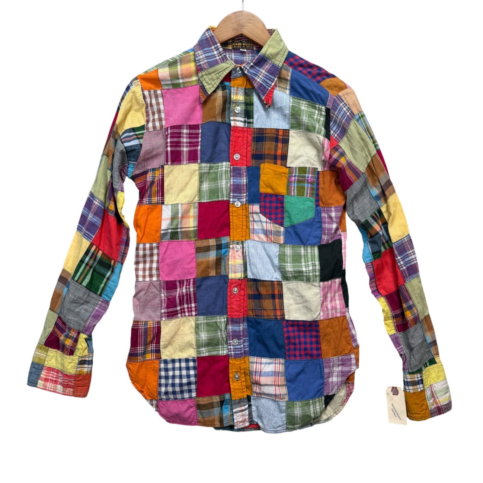 Hand Woven India Patchwork Button Down Shirt Coll… - image 1