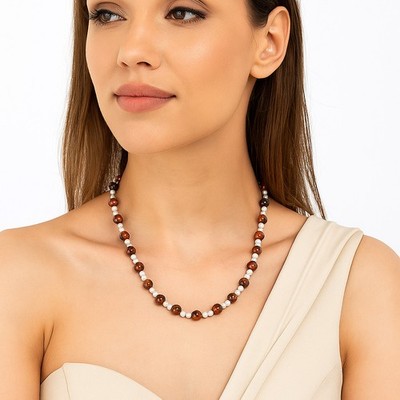 Premium Australian Pilbara Jasper & Pearl 925 Silver Beaded Necklace N-1025