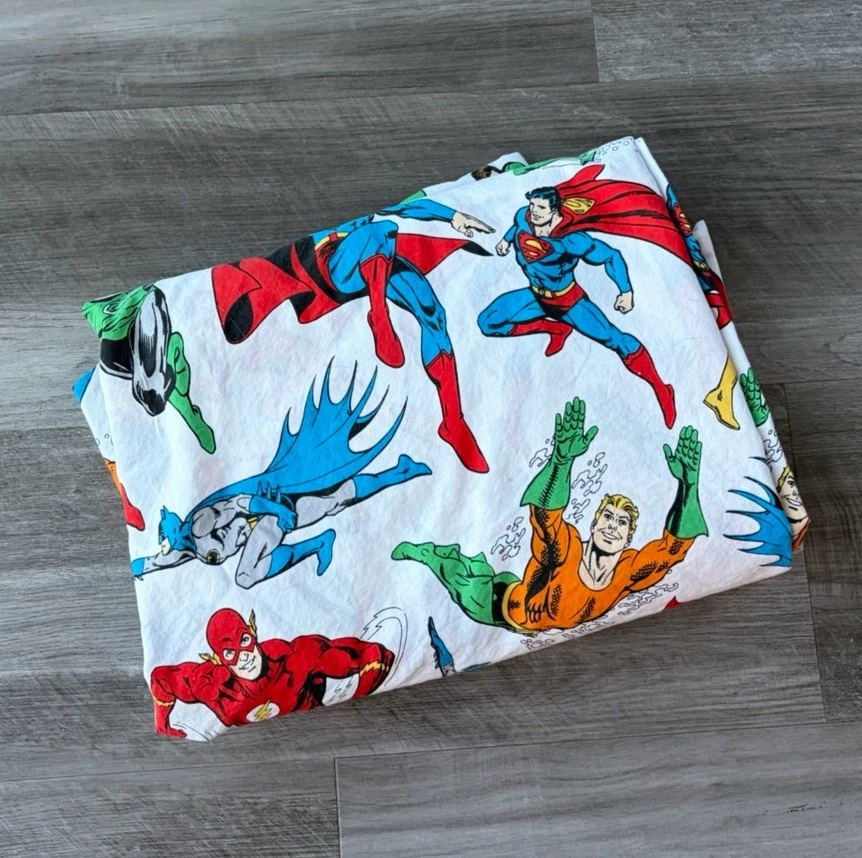 Sábana plana Pottery Barn Kids Liga de la Justicia tamaño completo 100 % algodón Batman Superma Foto 2 de 4