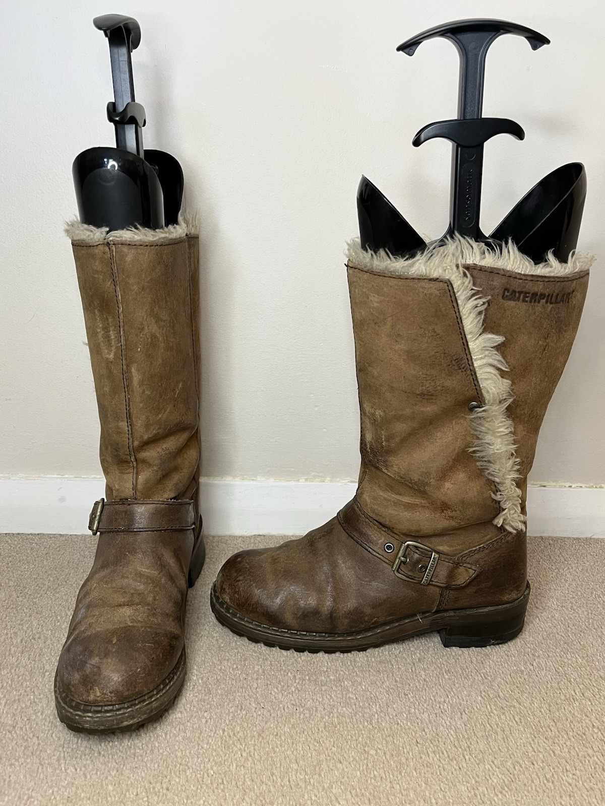 Womens CAT Caterpillar Faux Fur Brown Leather Mid Calf Boots Size UK 5