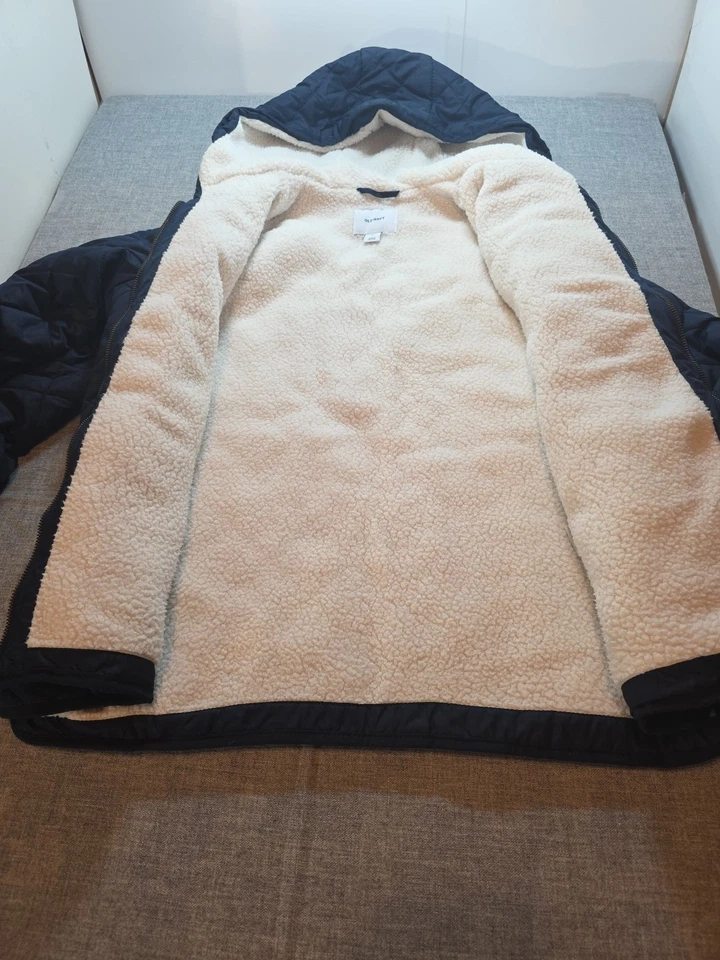 女式小号海军蓝旧海军夏尔巴内衬绗缝连帽袖口夹克外套 — 第 4/4 张图片