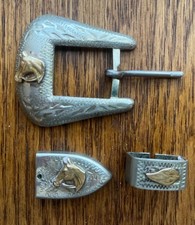 Vintage Solid Nickel Silver 3 PC Western Belt Buckle Set with Horse Insignia