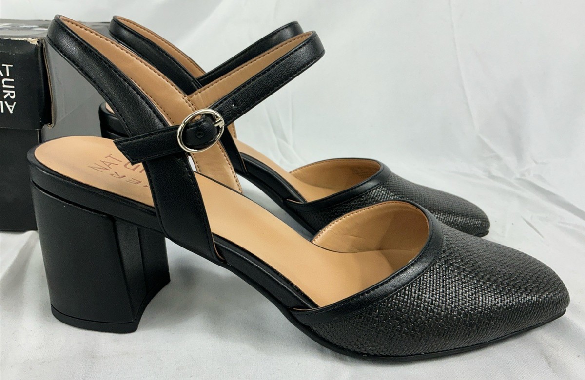 nana④⑤⑥ Naturalizer Wave Black Straw Square Toe Ankle Strap Heels Shoes