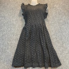 Madewell Black Eyelet Ruffle Sleeve Pintuck Mini Dress 100% Cotton Womens Medium
